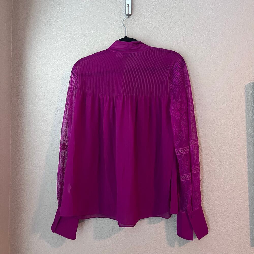 Self Portrait Chiffon Lace Blouse Long Sleeve Pussybow Purple Pink Sheer - Picture 4 of 6